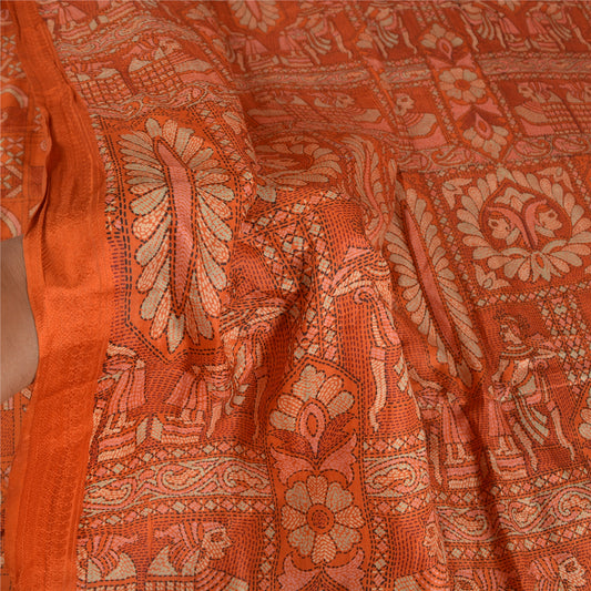 Sanskriti Vintage Orange Sarees Pure Silk Human Peacock Print Sari Craft Sustainable Fabric
